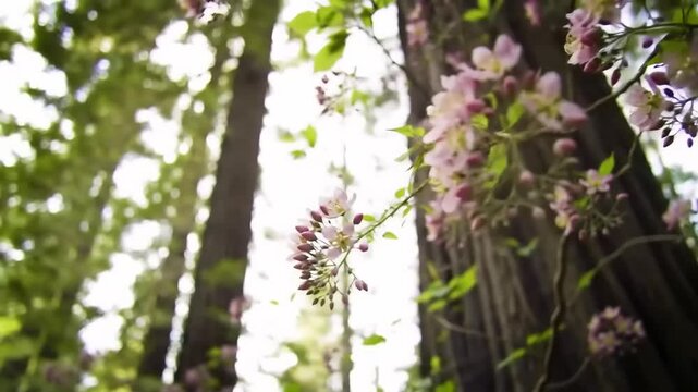 Serene view of blooming flowers intertwined with towering trees in a lush forest environment