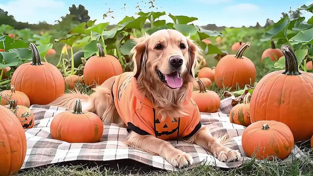 Adorable Golden Retriever Wearing Pumpkin Hoodie Costume Lying on Picnic Blanket in Vibrant Pumpkin Patch with Blue Sky and Festive Halloween Mood