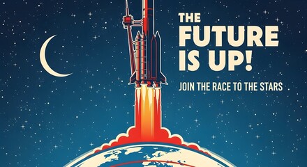 Retro Space Exploration Poster Featuring a Rocket Launching from Earth,Encouraging Participation in the Space Race with Vintage Appeal