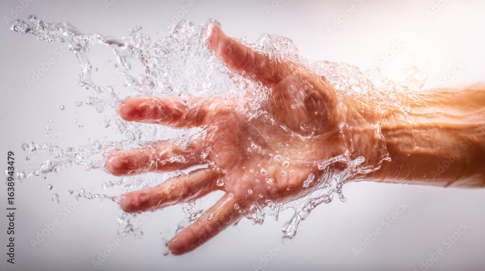 Poster capturing the moment of a splash: a hand interacts with water, creating a stunning visual effect of 