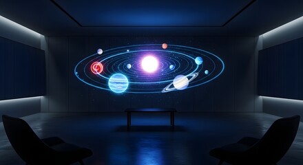 Futuristic planetary system projection in a modern room, Space exploration themed futuristic interior with holographic solar system