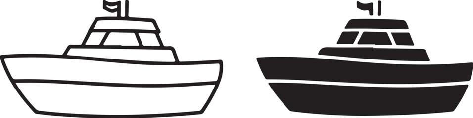 Vector Boat Icons: Simple Line Art and Solid Black Yacht Symbols, Minimalist ship Design.