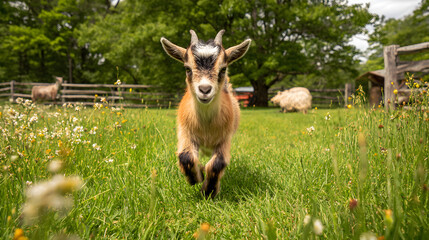 Rare pygmy goat playfully frolicking in a sunlit pasture, surrounded by lush green grass and blooming wildflowers.
