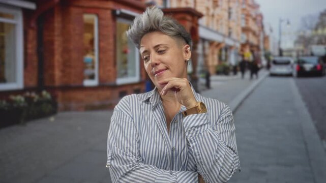 Woman with short hair resting her hand on chin on urban street in front of brick building; serenity.