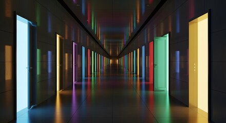 A labyrinth of open doorways glows with vibrant colors in a seemingly endless hallway, A mesmerizing perspective: a long corridor with rainbow-lit doors, beckoning with possibility