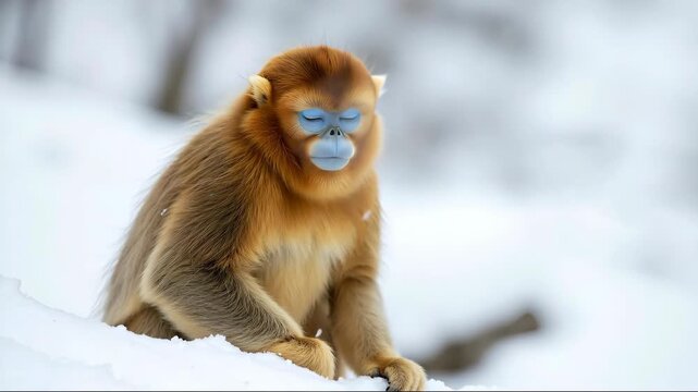 Golden snub nosed monkey sitting peacefully in snow covered winter landscape showing thick fur coat. Endangered primate species adapted to cold mountain habitat displaying calm behavior