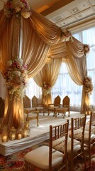 Opulent golden drapes in a wedding mandap setting