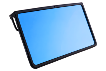 Digital car rear-view mirror with camera and blue LCD screen isolated with transparent background