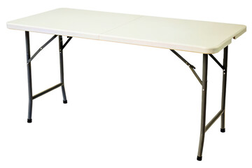 Long folding utility table with white plastic top and metal legs isolated with transparent background