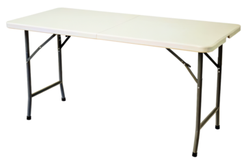 Long folding utility table with white plastic top and metal legs isolated with transparent background
