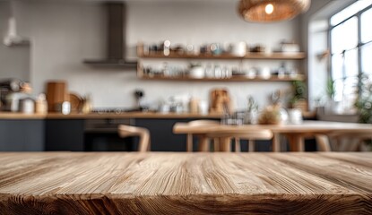 Wooden table in blurred modern kitchen; lifestyle, food blog