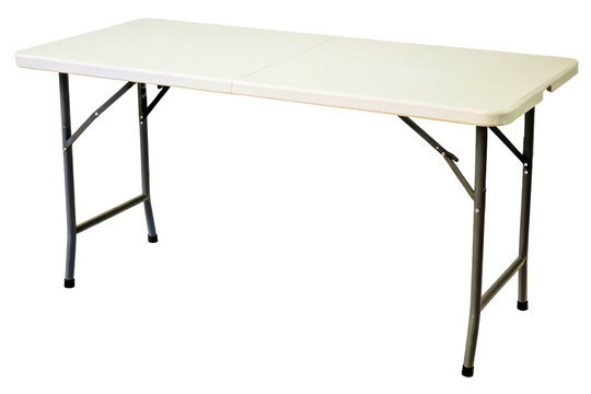 Long folding utility table with white plastic top and metal legs isolated with transparent background