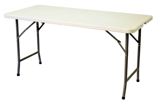 Long folding utility table with white plastic top and metal legs isolated with transparent background
