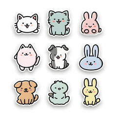 Obraz premium Cute animal stickers featuring illustrated cats, dogs, and rabbits in playful poses on a light background