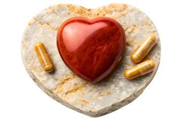 Heart health concept with red stone and herbal supplement capsules isolated with transparent background