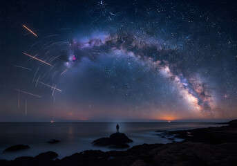 Serene silhouette gazing at stunning milky way and shooting stars over tranquil ocean landscape