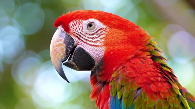 Close-up profile portrait of a beautiful scarlet macaw parrot with vibrant red feathers.