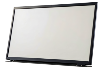 Black framed laptop screen component with blank white display isolated with transparent background