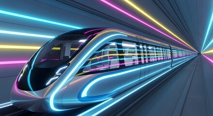 Futuristic High-Speed Train in a Neon-lit Tunnel, Modern Transportation Concept, High-Tech Subway with Bright Lighting