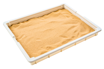 White plastic tray filled with fine sand for sensory play isolated with transparent background