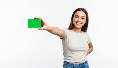A cheerful young model presents a blank green screen card, ready to be customized with your message, logo, or design for marketing and promotional content.