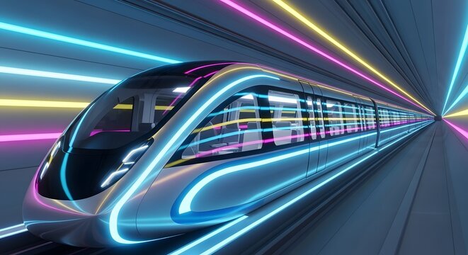 Futuristic High-Speed Train in a Neon-lit Tunnel, Modern Transportation Concept, High-Tech Subway with Bright Lighting - Powered by Adobe