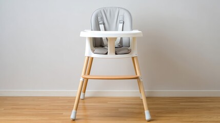 A white high chair with a grey cushion and wooden legs against a white wall.