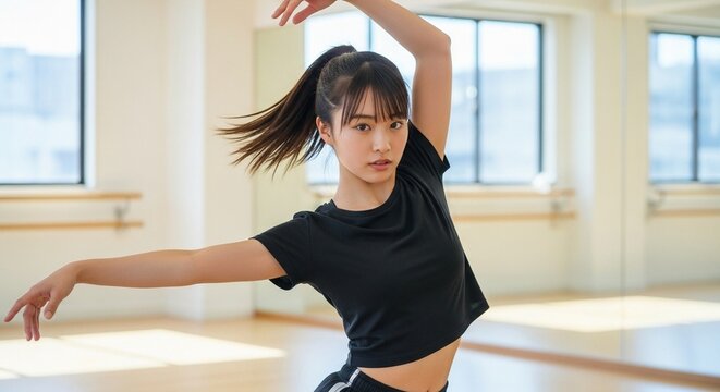 ダンススタジオで練習に励む日本人女性