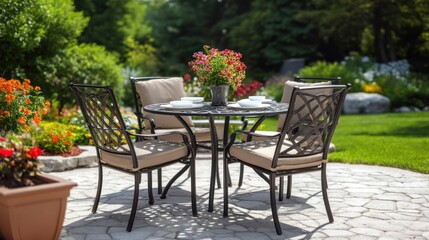 A patio table with four chairs and a vase of flowers in a lush garden setting.