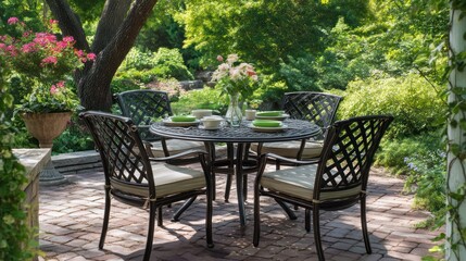 Obraz premium A round patio table with four matching chairs, surrounded by lush greenery and a tree, with a vase of flowers on the table.