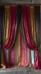 Curtain backdrop made with layered ethnic fabrics for a pooja setup