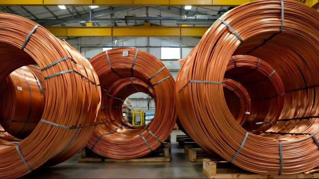 Industrial copper wire coils stored in manufacturing warehouse facility. Large metal cable spools organized for electrical infrastructure construction projects