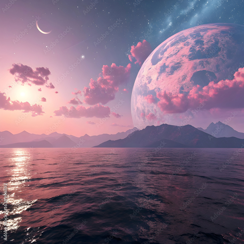 Poster a retro-futuristic planet casting a reflection on a shiny surface