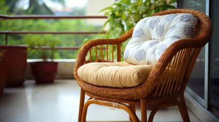 Fototapeta premium A wicker chair with a cushion on a balcony with plants and a glass door.