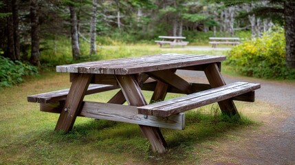 Naklejka premium A wooden picnic table in a forested area with a path leading away from it.