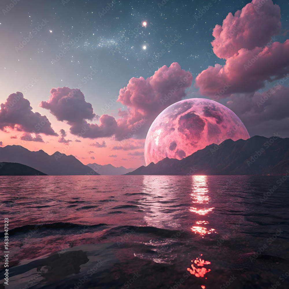 Poster a retro-futuristic planet casting a reflection on a shiny surface