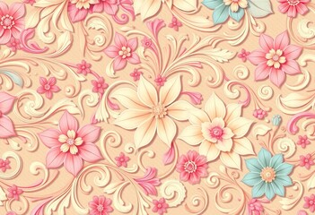 Intricate, swirling floral pattern in soft pastels ,  trendy,  design element