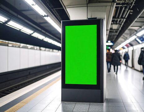 Subway platform with a large, vertical, green-screen digital display