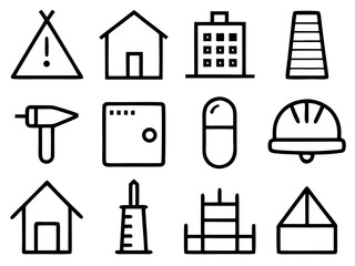Collection of hand drawn building and construction icons isolated on transparent background