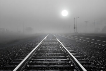 Fog-shrouded railway tracks stretching into the distance.