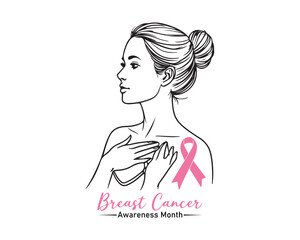 Pink ribbon, women's breast outline vector illustration. One line drawing concept, poster for Pink ribbon, National Breast Cancer Awareness Month.