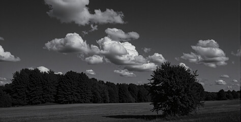 A black and white photo of a field with trees in the background.