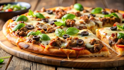 Photo of a delicious pizza with cheese, meat, olives, and basil, served on a wooden board on a rustic wooden table