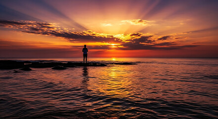Solitary figure silhouetted against a vibrant sunset over the ocean, rays bursting through clouds.