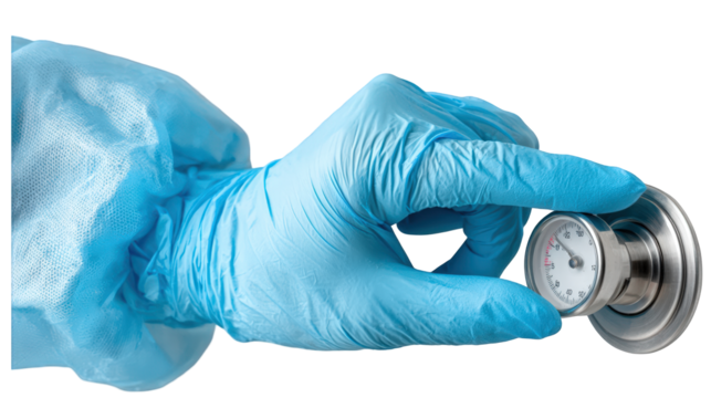 Hand in a blue disposable glove and non-woven sleeve holding a metal industrial thermometer.