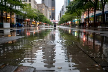 Fototapeta premium City street after rain with reflections and ripples in puddles