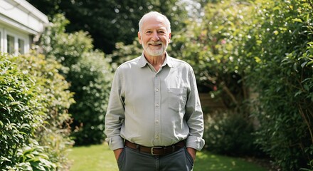 Happy senior man with a white beard smiling while standing in a lush green garden
