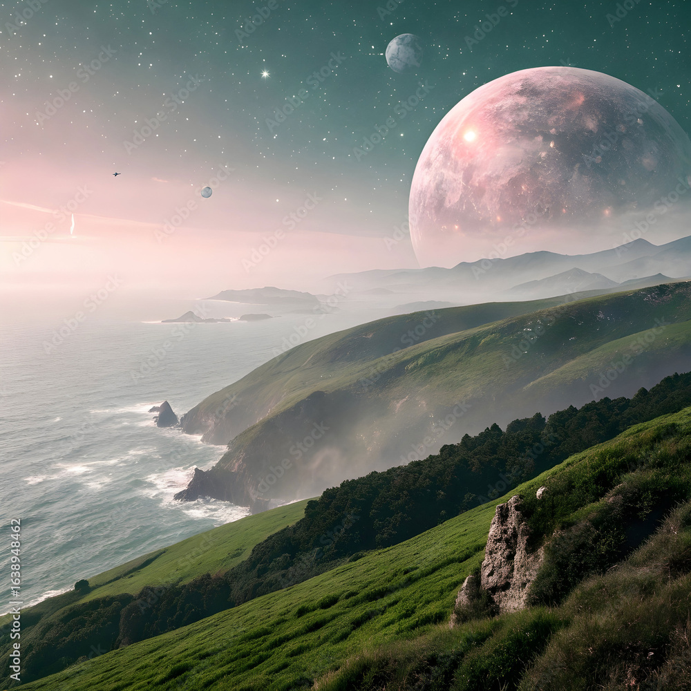 Poster a minimalist alien planet hovering above an alien landscape