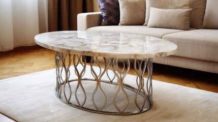 A luxurious coffee table with a marble top and metal frame in a modern living room.