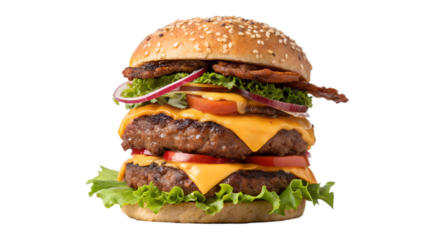 Photo of delicious double cheeseburger with bacon, lettuce, tomato, and onion, isolated on transparent background